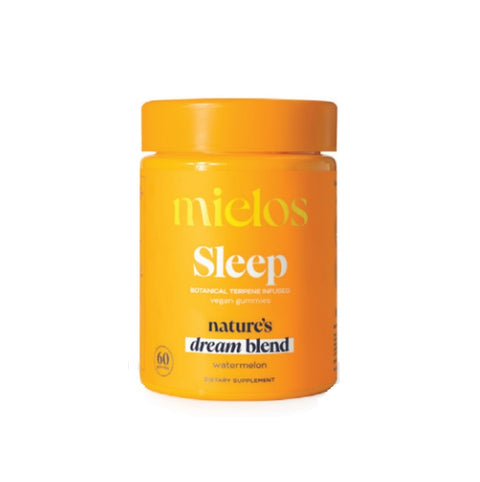 A jar of Mielos Botanical Terpene Infused Gummies, with a label indicating it is a 60-pack of gummies designed to support focus and wellness, featuring a dark-colored supplement inside.