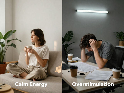 Focused woman working with calm energy and mental clarity beside an adaptogenic botanical drink