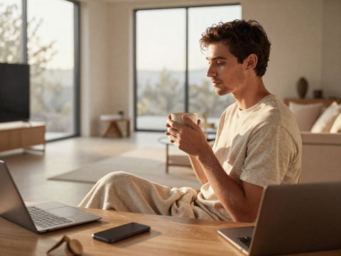 Serene person practicing deep breathing in morning sunlight supporting nervous system regulation and vagus nerve recovery