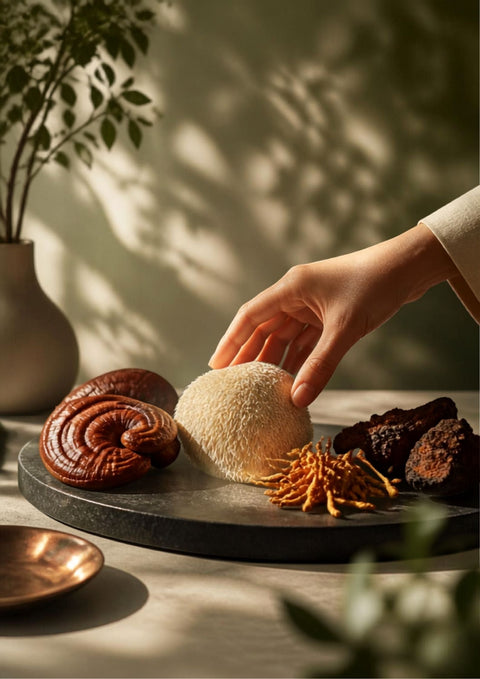 Collection of functional mushrooms including Cordyceps, Lions Mane, and Reishi for daily wellness
