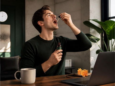 Biohacker taking dual-extracted Cordyceps militaris tincture to beat the 3 PM afternoon energy slump naturally Alpha Fungi