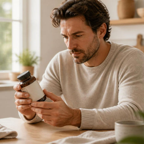 Parent reviewing a functional mushroom supplement label before use