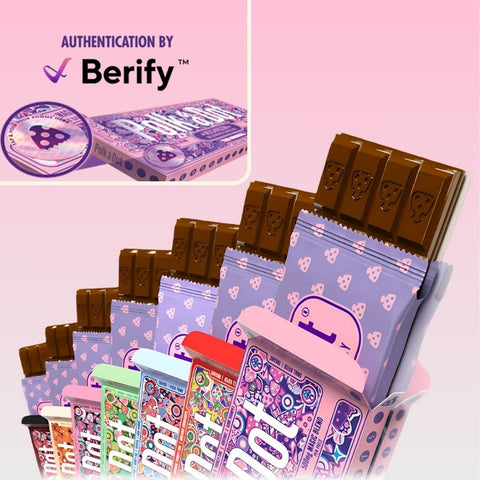 Smartphone scanning the authentic Berify NFC security chip on a genuine PolkaDot chocolate bar box Alpha Fungi