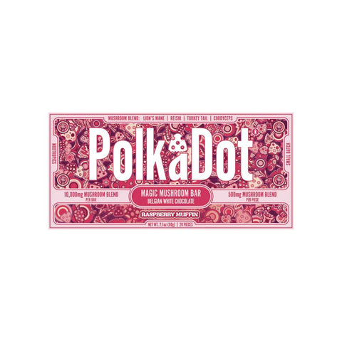 PolkaDot Raspberry Muffin Magic Mushroom Chocolate Bar – 20 breakable squares, 10,000 mg Polka Blend with Lion’s Mane, Reishi, Turkey Tail, and Cordyceps. Psychedelic Experience