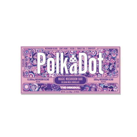 PolkaDot Mushroom Chocolate Bar – 20 breakable squares, 10,000 mg Polka Blend with Lion’s Mane, Reishi, Turkey Tail, and Cordyceps, offering a flavorful 