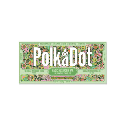 PolkaDot Maui Coconut Twist Magic Mushroom Chocolate Bar – dark chocolate bar with toasted coconut flavor, Polka Blend mushrooms, 500 mg squares, psychedelic feel