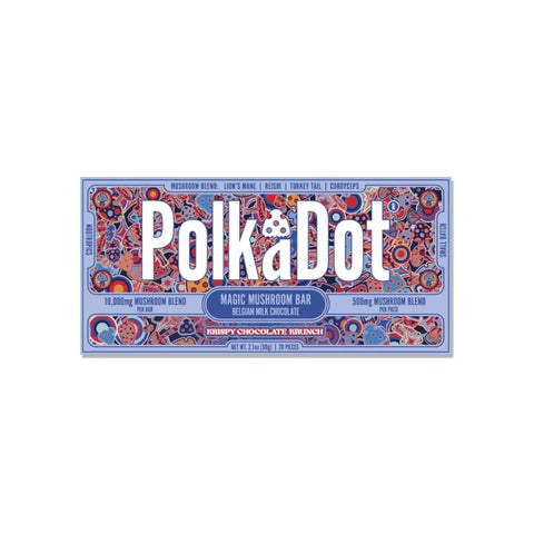 PolkaDot Krispy Chocolate Krunch Magic Mushroom Chocolate Bar – 20 breakable squares, 10,000 mg Polka Blend with Lion’s Mane, Reishi, Turkey Tail, and Cordyceps, offering a flavorful psychedelic and tripping experience