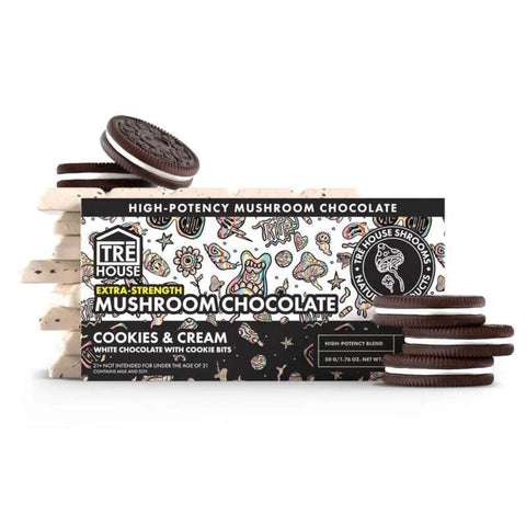 TRĒ House Cookies and Cream mushroom chocolate bar packaging