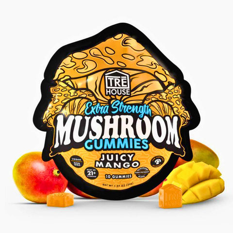 Packaging of TRE House Extra Strength Mushroom Gummies Juicy Mango flavor with mushrooms and mangoes around.