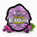 Purple packaging of TRE House Extra Strength Mushroom Gummies with sour grape flavor, surrounded by grapes and leaves on a white background.