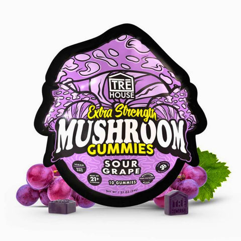 Purple packaging of TRE House Extra Strength Mushroom Gummies with sour grape flavor, surrounded by grapes and leaves on a white background.