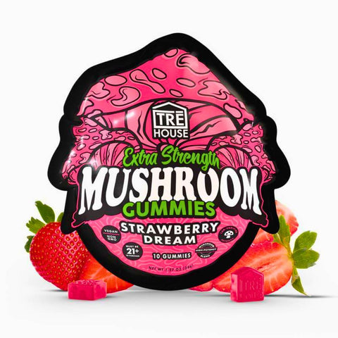 Pink packaging of Tre House Extra Strength Mushroom Gummies Strawberry Dream with strawberries and gummies on a white background.