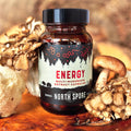 Close-up of vegetarian mushroom energy capsules showing concentrated herbal extract