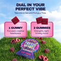 Dosing guide chart comparing 1 gummy for focused headspace versus 2 gummies for energetic lively mood