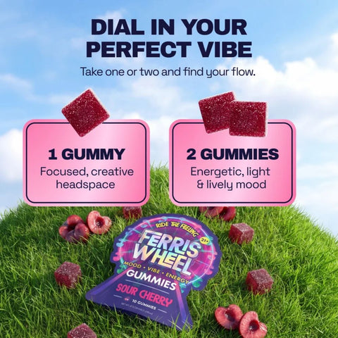 Dosing guide chart comparing 1 gummy for focused headspace versus 2 gummies for energetic lively mood