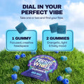 Dosing guide chart comparing 1 Blue Razz gummy for mental focus versus 2 gummies for energetic social mood
