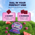 Dosing guide chart comparing 1 Watermelon gummy for mental focus versus 2 gummies for energetic social mood