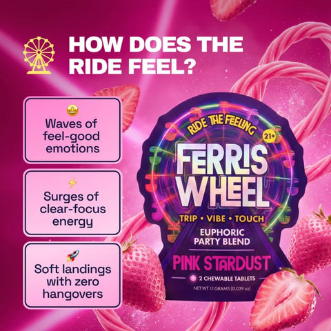 Two-pack of Ferris Wheel Pink Stardust party tablets available at Alpha Fungi.