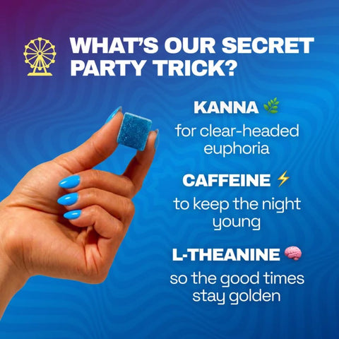 Active formula breakdown of Blue Razz gummies highlighting Kanna, Caffeine, and L-Theanine for cognitive lift