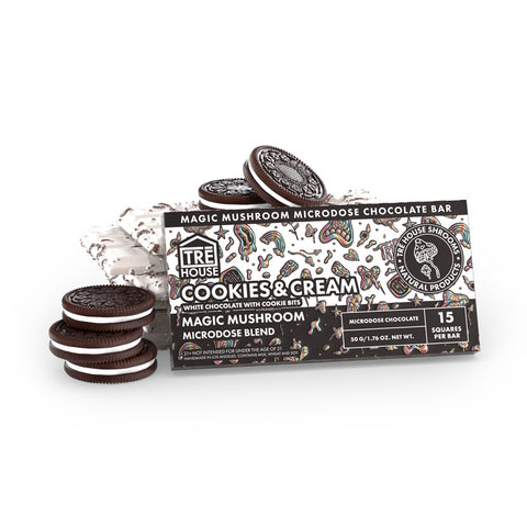 Tre House Magic Mushroom Chocolate Bar – Cookies and Cream flavor with crunchy cookie pieces, creamy white chocolate, and balanced psychedelic-style mushroom effects