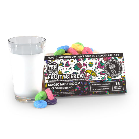 Tre House Magic Mushroom Chocolate Bar – Fruity flavor with colorful candy crunch, sweet chocolate base, and mind-elevating psychedelic-like mushroom blend