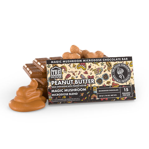 Tre House Magic Mushroom Chocolate Bar – Peanut Butter flavor with creamy nutty taste, nootropic mushroom blend, and uplifting psychedelic-like effects