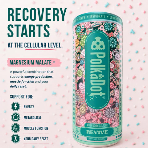 PolkaDot Revive Mushroom Seltzer can infused with Magnesium Malate for cellular recovery and hydration