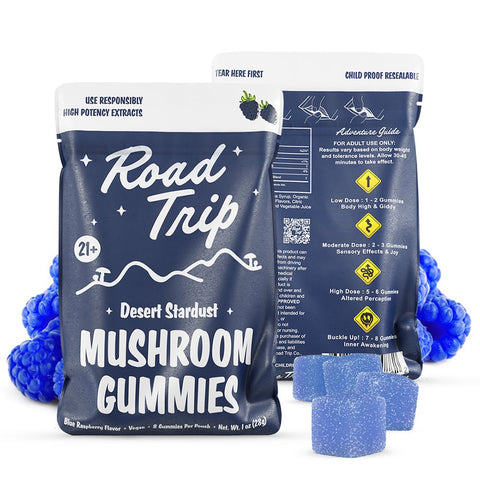 Road Trip Desert Stardust Mushroom Gummies – Blue Razz flavor with bold berry tang, mushroom infusion, and balanced psychedelic-inspired vibes