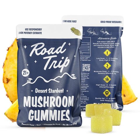 Road Trip Desert Stardust Mushroom Gummies – Pineapple flavor with tropical fruity taste, nootropic mushroom blend, and uplifting psychedelic-inspired effects