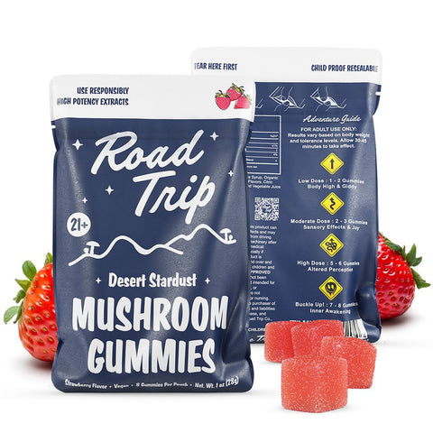 Road Trip Desert Stardust Mushroom Gummies – Strawberry flavor with sweet berry taste, mushroom nootropic blend, and mind-elevating psychedelic-like effects