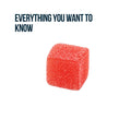 Single sugar-coated strawberry Road Trip mushroom gummy cube with product information Alpha Fungi