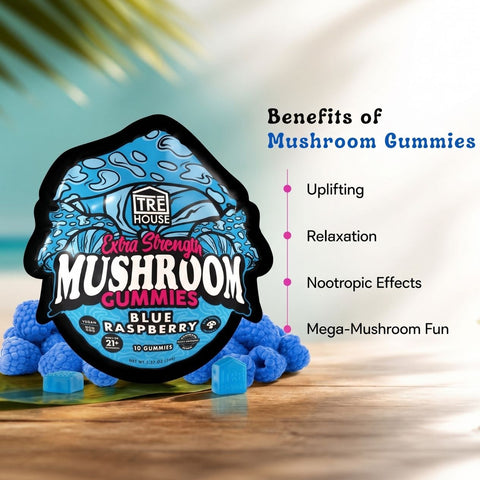 TRE House Extra Strength Mushroom Gummies Blue Raspberry benefits infographic showing uplifting effects, relaxation, and nootropics
