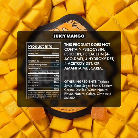TRE House Extra Strength Mushroom Gummies Juicy Mango packaging back panel displaying proprietary mushroom blend ingredients and nutrition facts