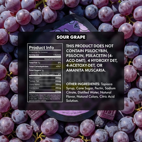 TRE House Extra Strength Mushroom Gummies Sour Grape back label with full ingredient list, dietary details, and supplement facts