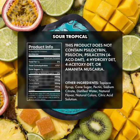 TRE House Extra Strength Mushroom Gummies Sour Tropical rear pouch view showing active ingredients, warnings, and supplement facts panel