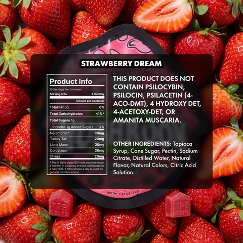TRE House Extra Strength Mushroom Gummies Strawberry Dream back of package showing ingredients, supplement facts, and nutritional information