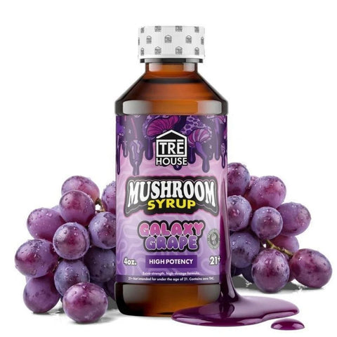TRē House Galaxy Grape mushroom syrup bottle displayed with purple grapes and syrup drip