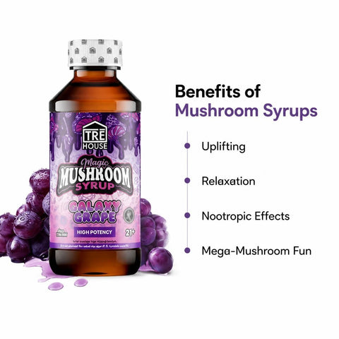 TRē House Grape mushroom syrup bottle highlighting benefits including relaxation and nootropic effects