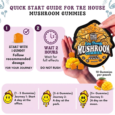 TRE House Mushroom Gummies Juicy Mango dosing and quick start guide with step-by-step usage instructions