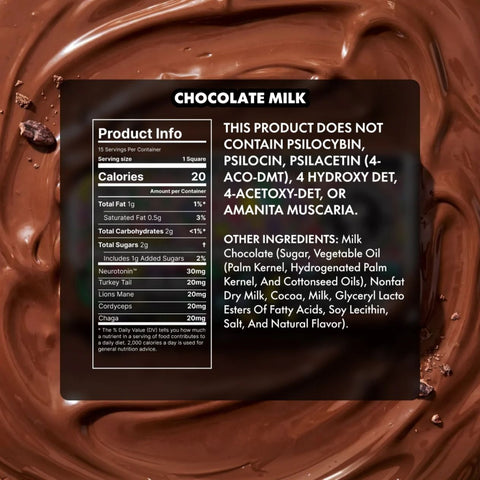 TRE House Extra Strength Mushroom Chocolate Bar Chocolate Milk rear view with active mushroom ingredients and nutrition facts panel
