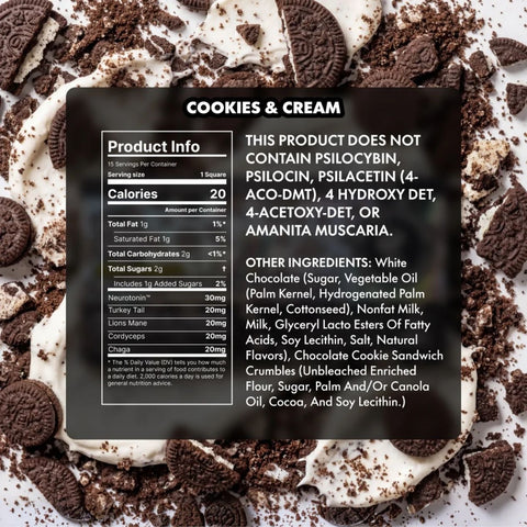 TRE House Extra Strength Mushroom Chocolate Bar Cookies and Cream back panel showing ingredients, proprietary blend, and nutrition facts