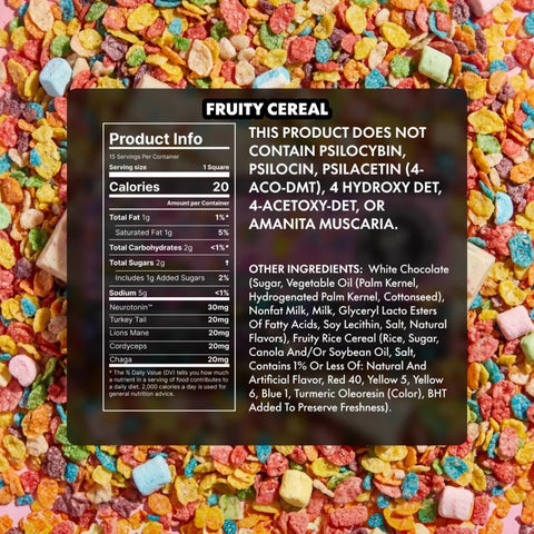 TRE House Extra Strength Mushroom Chocolate Bar Fruity Cereal back of box detailing ingredient list, allergen info, and nutrition facts