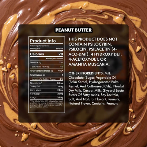 TRE House Extra Strength Mushroom Chocolate Bar Peanut Butter packaging back label displaying ingredients and supplement facts