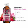 TRē House Strawberry mushroom syrup bottle with fresh strawberries showing benefits and effects