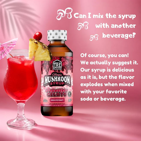 TRē House Strawberry Coast mushroom syrup bottle beside an iced tropical strawberry drink