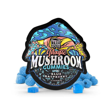 Tre House Magic Mushroom Gummies Blue Raspberry packaging with gummies on a white background