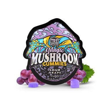 Tre House Magic Mushroom Gummies packaging with grapes and mint leaves on a white background