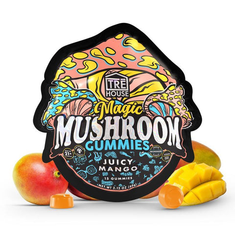 Packaging for Tre House Magic Mushroom Gummies with a colorful design and an image of mangoes. The package indicates the product is 15 gummies and has a juicy mango flavor.