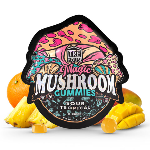 Packaging for Tre House Magic Mushroom Gummies with a colorful design and an image of mangoes. The package indicates the product is 15 gummies and has a juicy mango flavor.