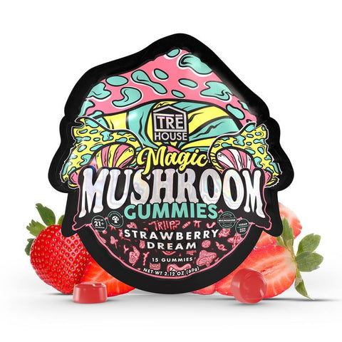 Packaging for Tre House Magic Mushroom Gummies with a colorful design and an image of mangoes. The package indicates the product is 15 gummies and has a juicy mango flavor.